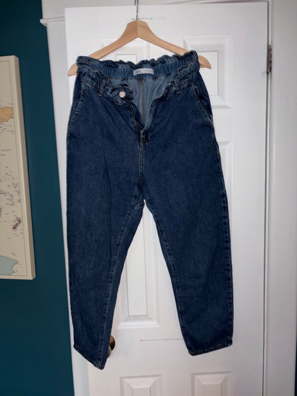 Zara Paperbag Waist Balloon Leg Mom Jeans High Rise Dark Wash Slouchy Size 8